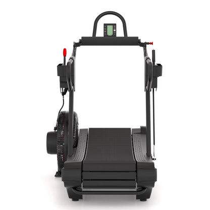 STEPR Treadsled XL – rear angle showcasing resistance adjustment lever, curved track, and wide stabilizer feet