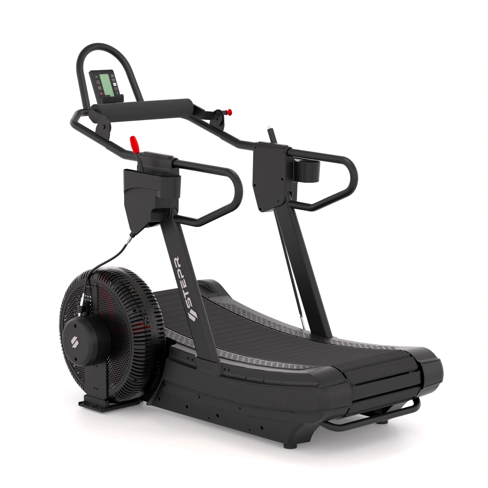 STEPR Treadsled XL – machine stored upright against wall, illustrating space-saving vertical storage capability