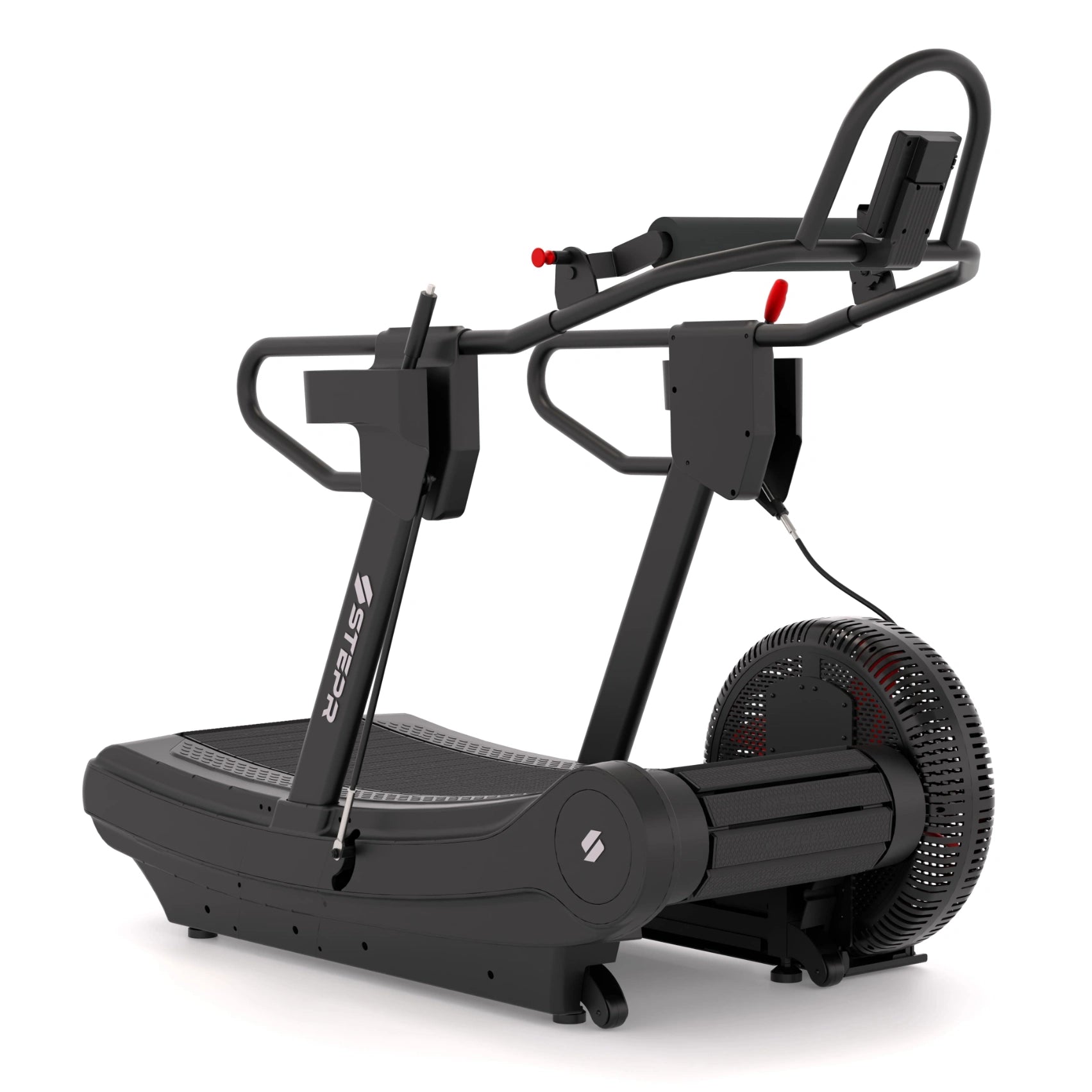 STEPR Treadsled XL – side profile showing slatted curved running deck, magnetic resistance system, and push-sled uprights