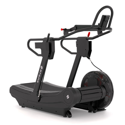 STEPR Treadsled XL – side profile showing slatted curved running deck, magnetic resistance system, and push-sled uprights