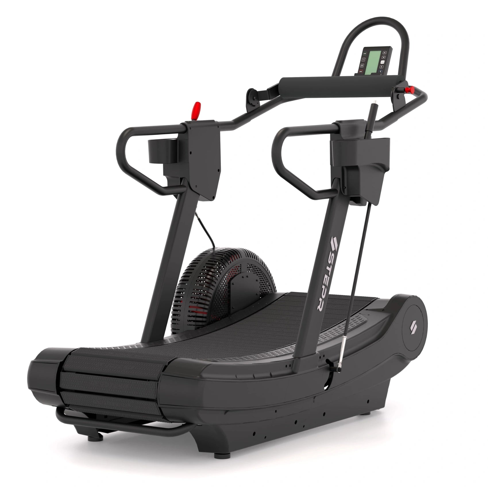 STEPR Treadsled XL – front-left view of self-powered curved treadmill-sled with HD performance screen and heavy-duty steel frame