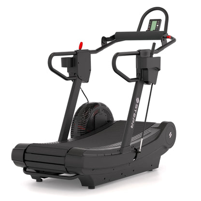 STEPR Treadsled XL – front-left view of self-powered curved treadmill-sled with HD performance screen and heavy-duty steel frame