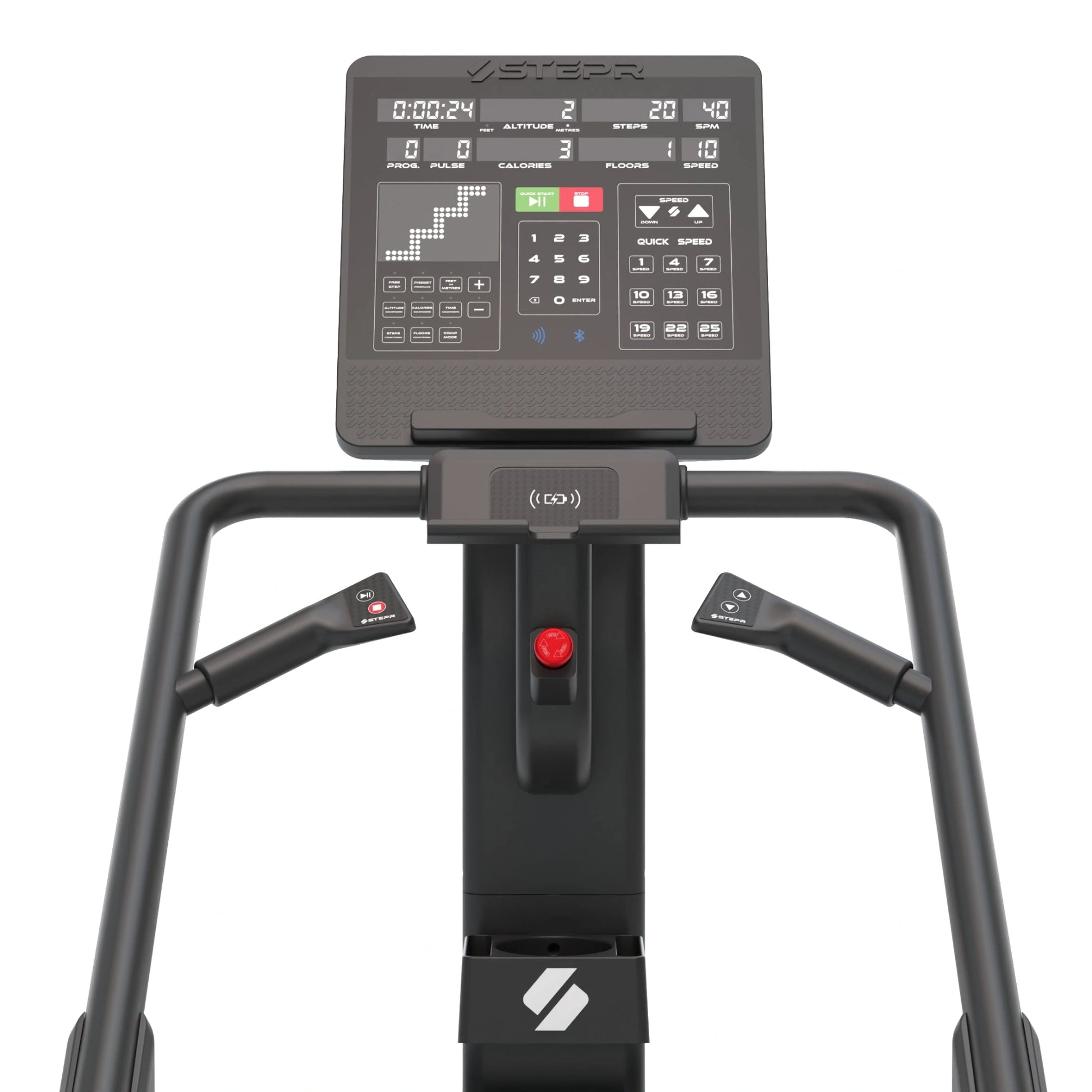 STEPR XL Classic – close-up of LED workout console, sturdy frame welds, and slip-resistant step surfaces