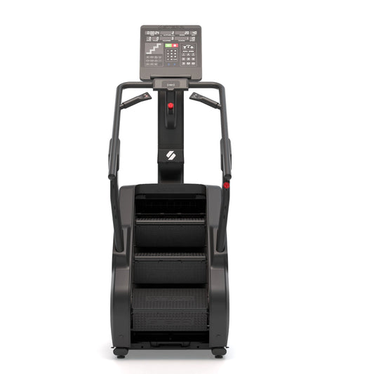 STEPR XL Classic – straight-on front shot showing space-saving stair stepper, steel handrails, and low-impact stair treads