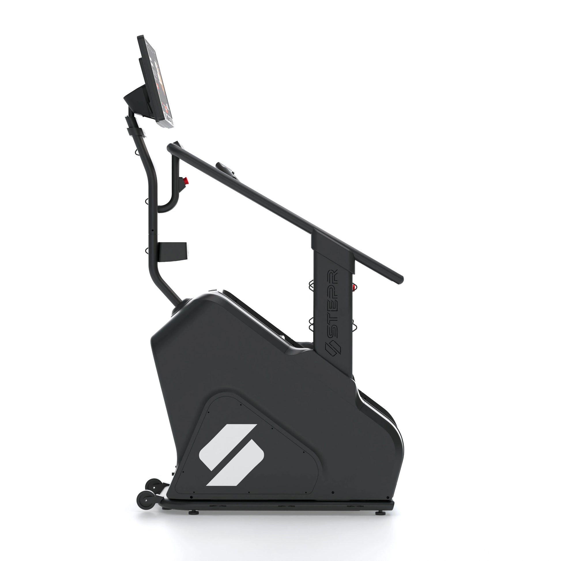 STEPR XL Classic – left-side view highlighting drive housing, ergonomic handrails, and compact footprint for home gyms