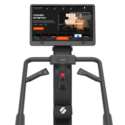 STEPR XL Plus – close-up of LED touchscreen interface, quick-select resistance keys, and durable steel handlebars