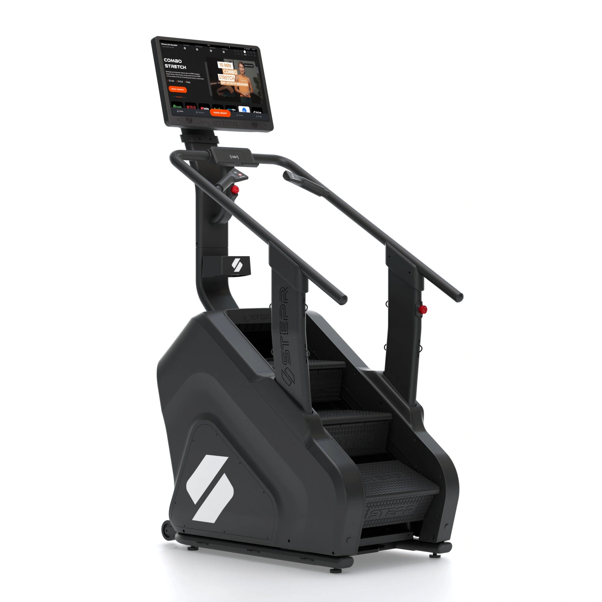 STEPR XL Plus – angled front-side image featuring large LED touchscreen console and reinforced stair mechanism for high-intensity climbing