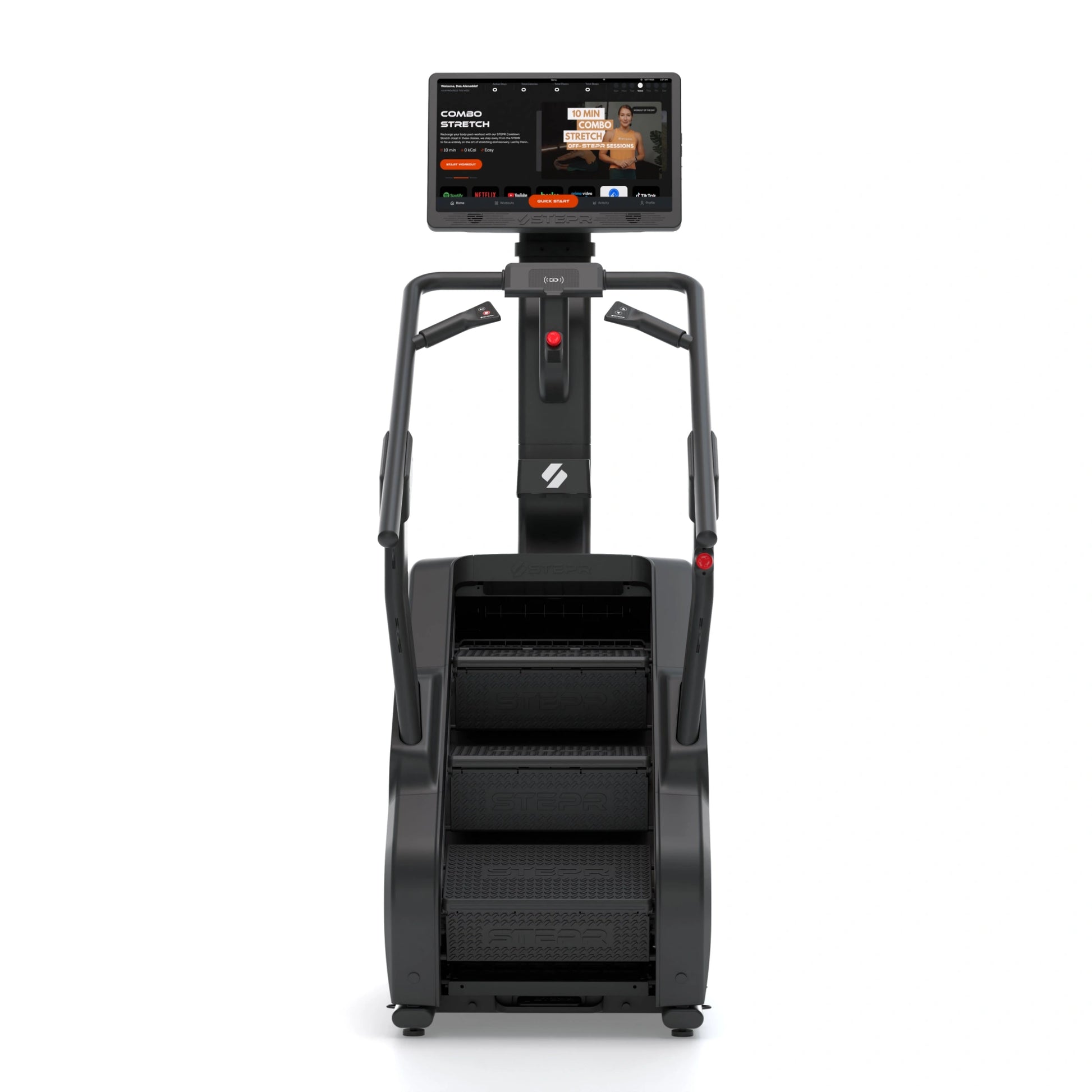STEPR XL Plus – front view of smart stair climber showcasing oversized interactive display and cushioned rotating steps