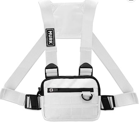 White mini crossbody bag with front zip pocket and adjustable straps.