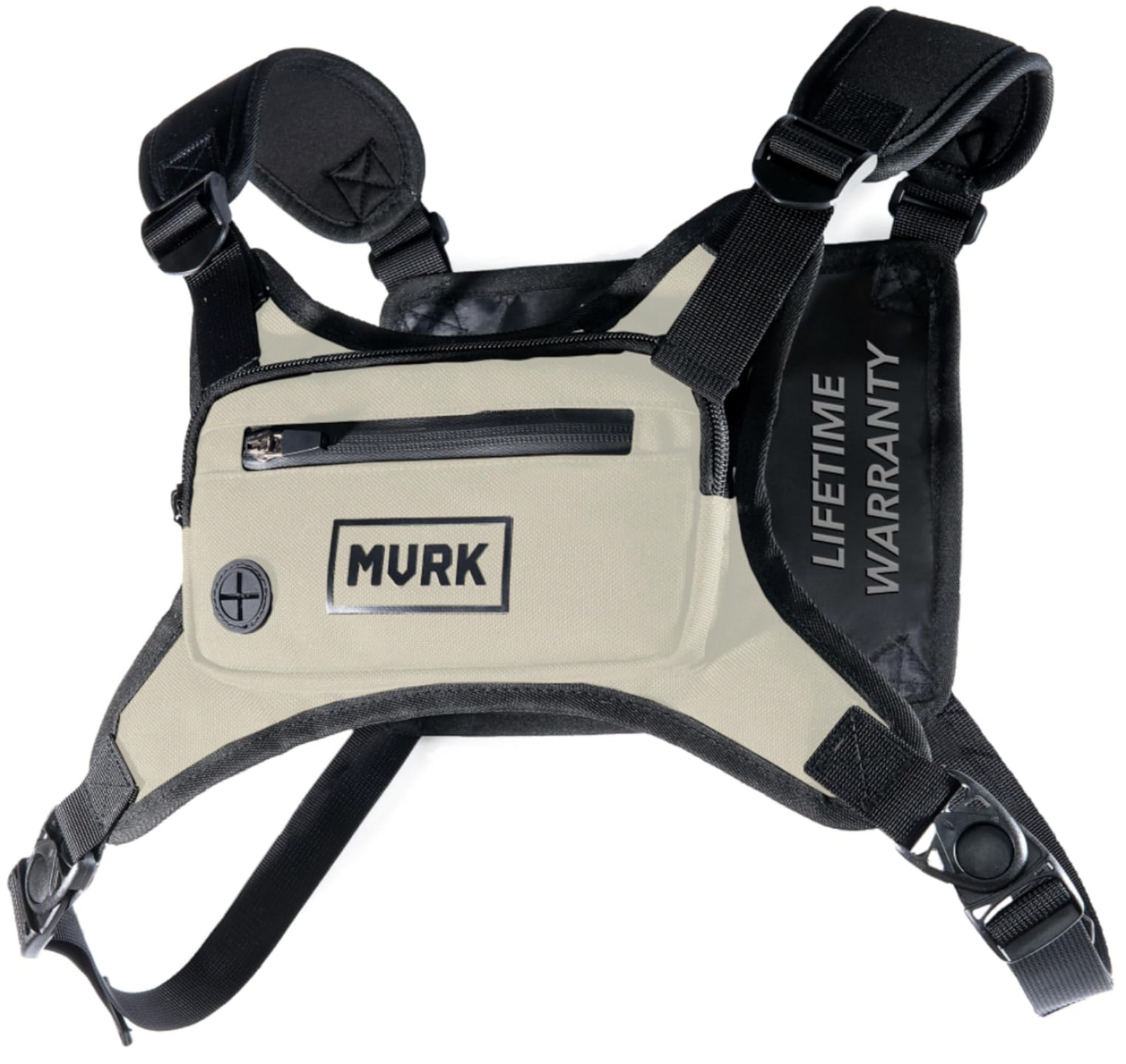 MVRK tactical chest rig harness with beige panel and Lifetime Warranty tag.