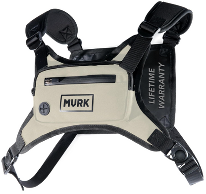 MVRK tactical chest rig harness with beige panel and Lifetime Warranty tag.