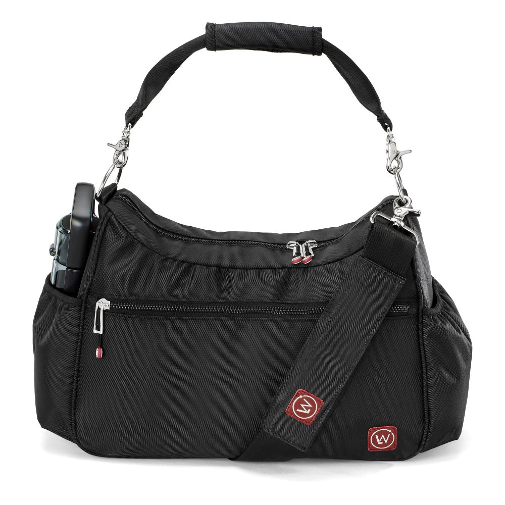 Black shoulder bag with front zipper pocket and removable strap.