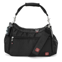 Black shoulder bag with front zipper pocket and removable strap.