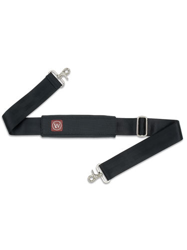 Black adjustable bag shoulder strap with metal lobster clasps.