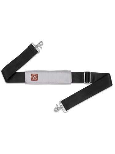 Adjustable black shoulder strap with gray padded center and metal clasps.