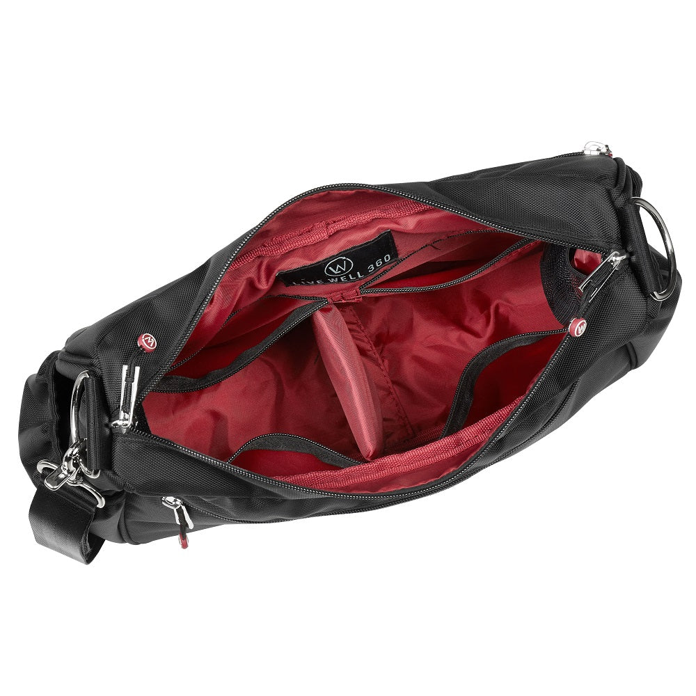 Black shoulder bag interior with red lining and multiple pockets.