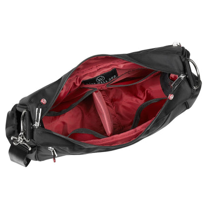 Black shoulder bag interior with red lining and multiple pockets.