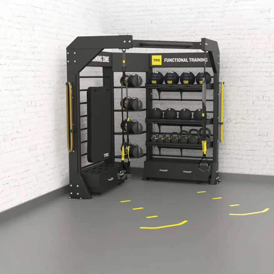 TRX Corner Unit – space-saving triangular rig with pull-up bar and suspension anchors for corner installation