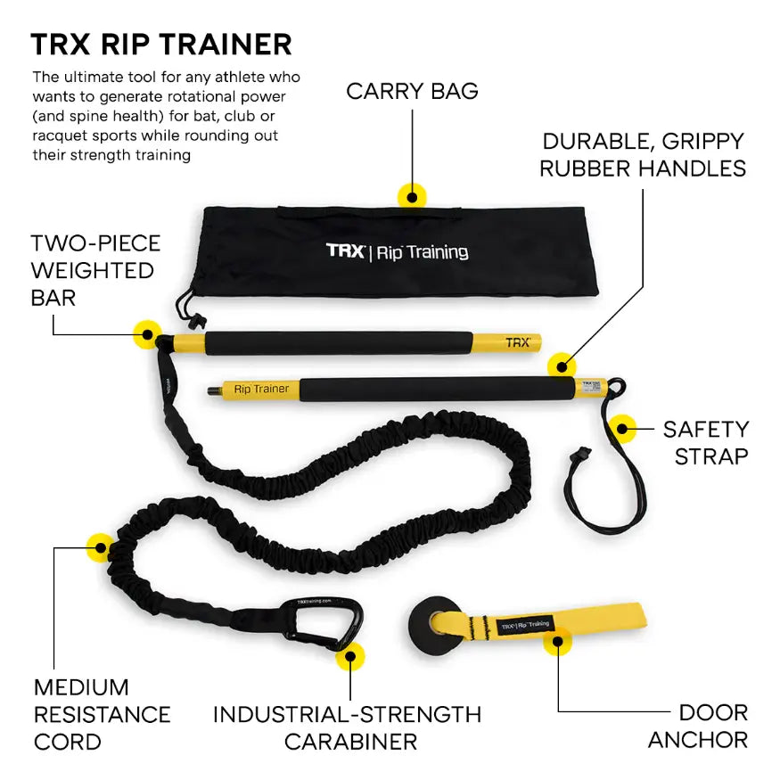 TRX Rip Trainer – updated Rip Trainer v2 bar with attached yellow resistance cord isolated on white