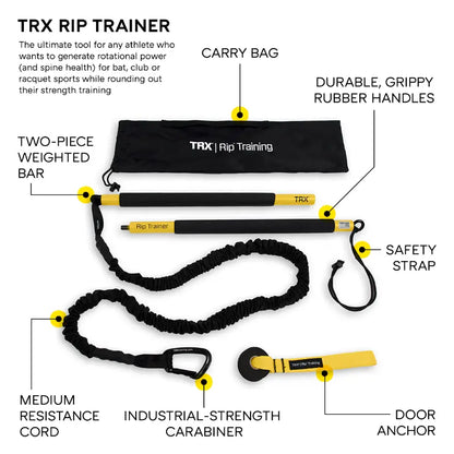 TRX Rip Trainer – updated Rip Trainer v2 bar with attached yellow resistance cord isolated on white