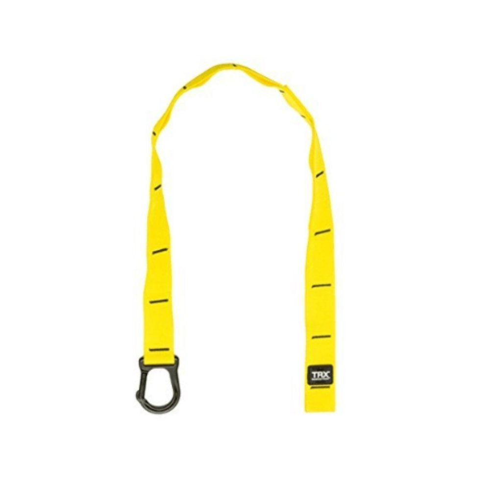 Yellow TRX suspension training strap with black D-ring anchor.
