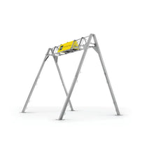 Gray metal A-frame structure with elevated yellow monkey bars attachment on top, set against a white background.