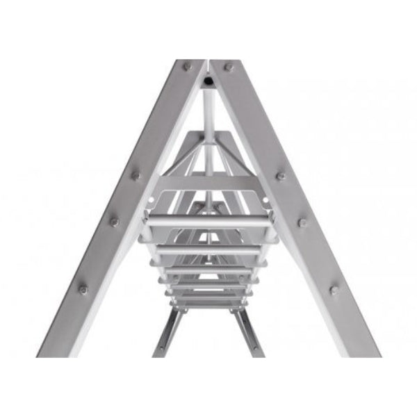 Gray aluminum A-frame truss structure with multiple horizontal bars suspended from the apex, designed for monkey bar training exercises.