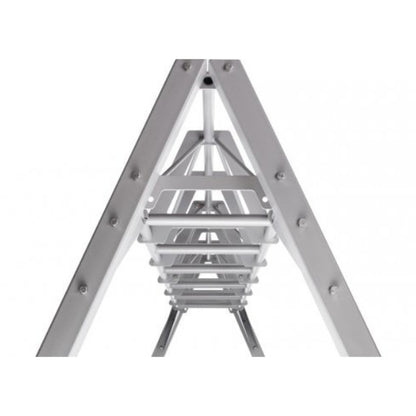 Gray aluminum A-frame truss structure with multiple horizontal bars suspended from the apex, designed for monkey bar training exercises.