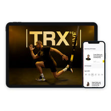 Athlete performing a TRX workout with TRX Army logo backdrop.