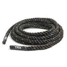 Black twisted battle rope with yellow accents throughout, featuring TRX branding on the reinforced end sleeve against a white background.