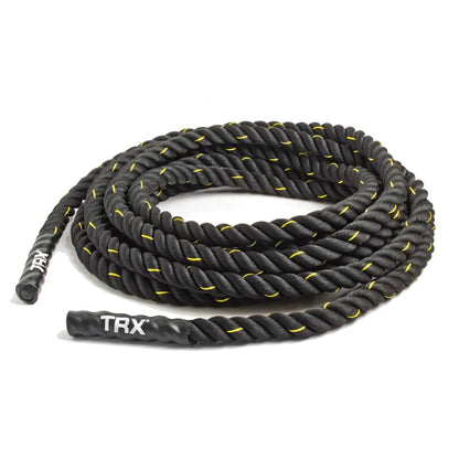 Black twisted battle rope with yellow accents throughout, featuring TRX branding on the reinforced end sleeve against a white background.