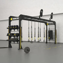 TRX Bridge – modular overhead frame linking two bays with multi-grip pull-up bar