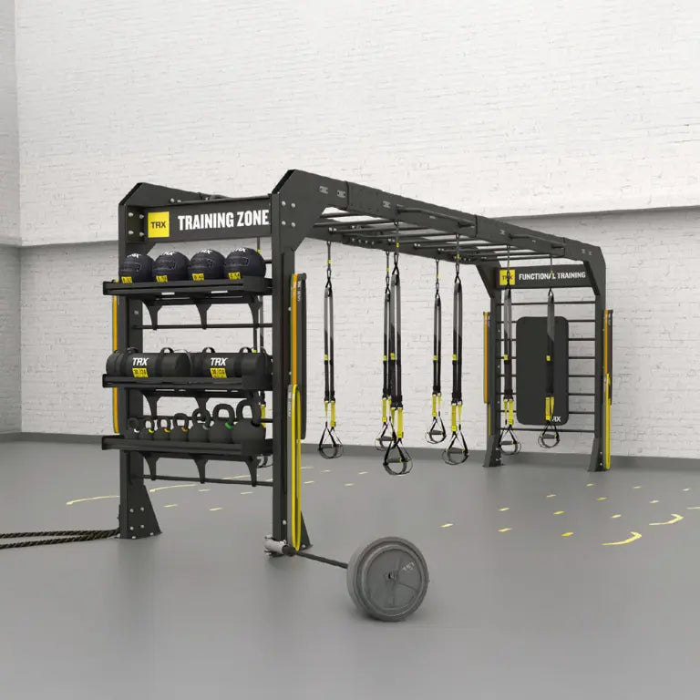 TRX Bridge – rig outfitted with battle-rope anchor and weight-storage horns
