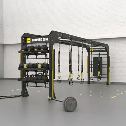 TRX Bridge – rig outfitted with battle-rope anchor and weight-storage horns