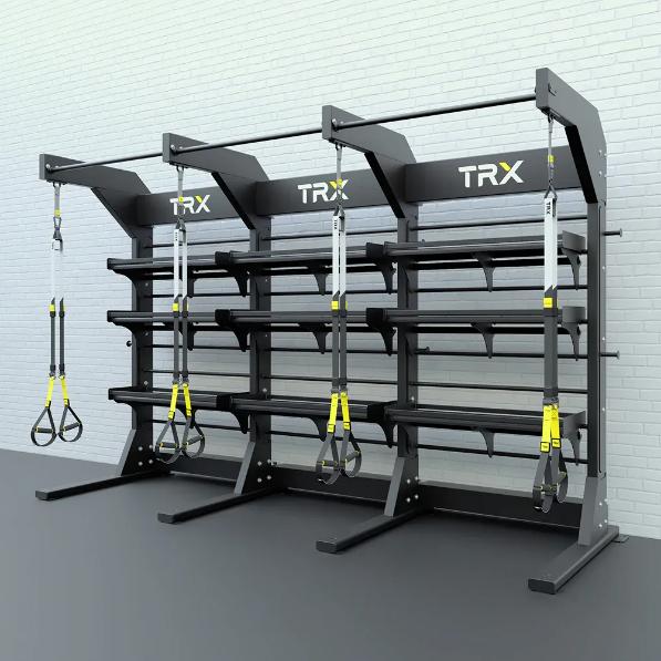 TRX Freestanding Bay – back angle highlighting weight-horn storage pegs and rock-solid base plates