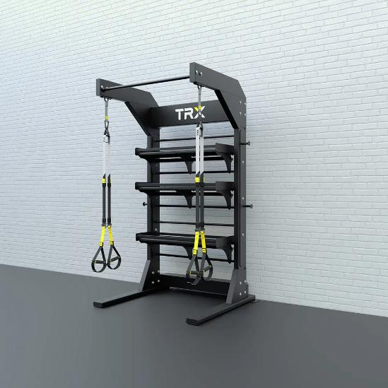 TRX Freestanding Bay – full modular training rig with pull-up bars, suspension anchor points, and bumper-plate storage