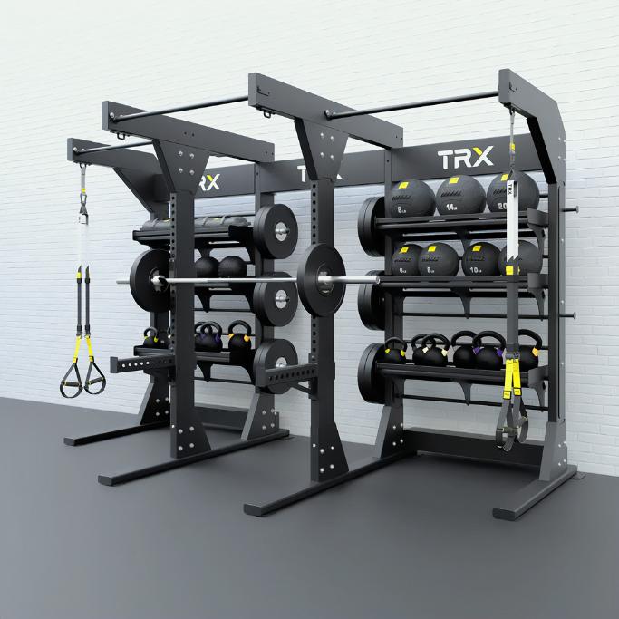 TRX Freestanding Bay – side angle showing heavy-gauge steel uprights and integrated dip station attachment
