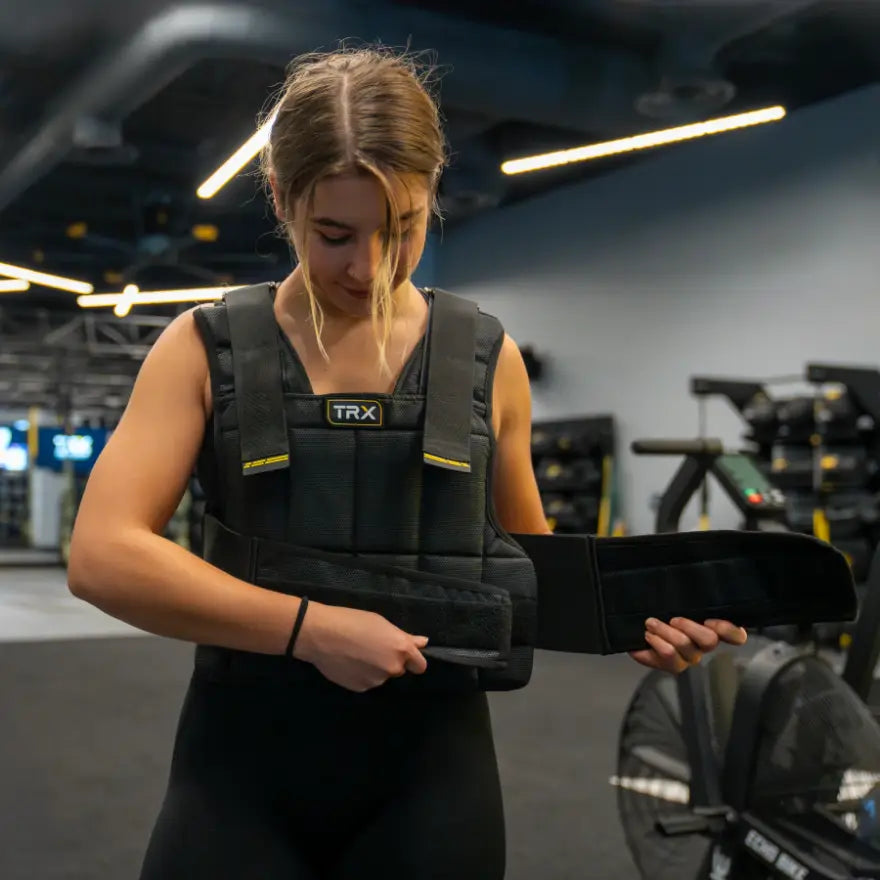 TRX HexGrip Weight Vest – rear view showing ergonomic shoulder design and ventilated back panel