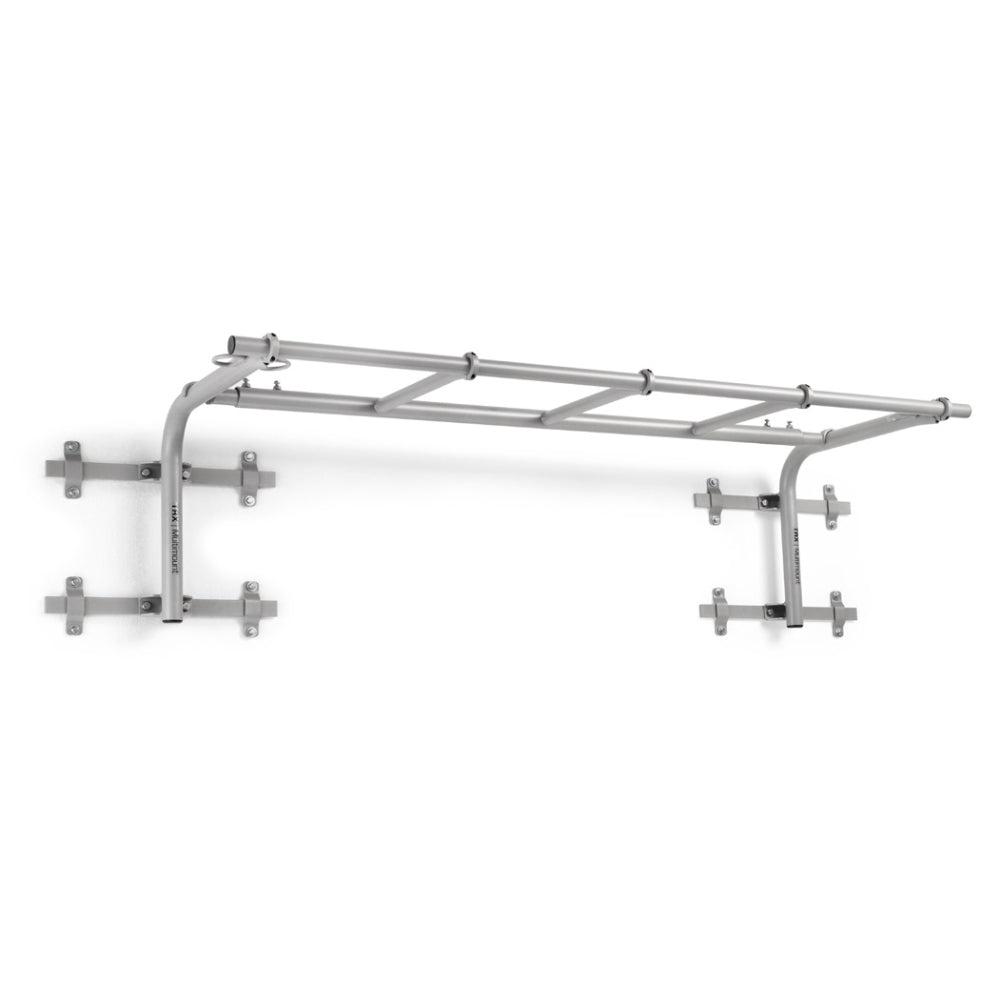 Gray wall-mounted pull-up bar system with multiple grip positions and curved support arms anchored by metal brackets on white background.