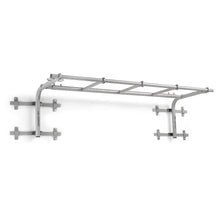 Gray wall-mounted pull-up bar system with multiple grip positions and curved support arms anchored by metal brackets on white background.