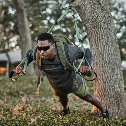 TRX Pro4 Suspension Trainer – complete camo training kit with straps, handles, and anchor ready for functional fitness