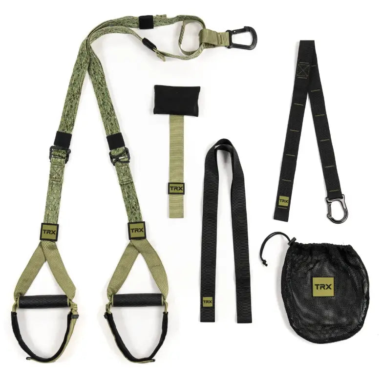 TRX Pro4 Suspension Trainer – camouflage straps with black handles displayed flat against clean white backdrop