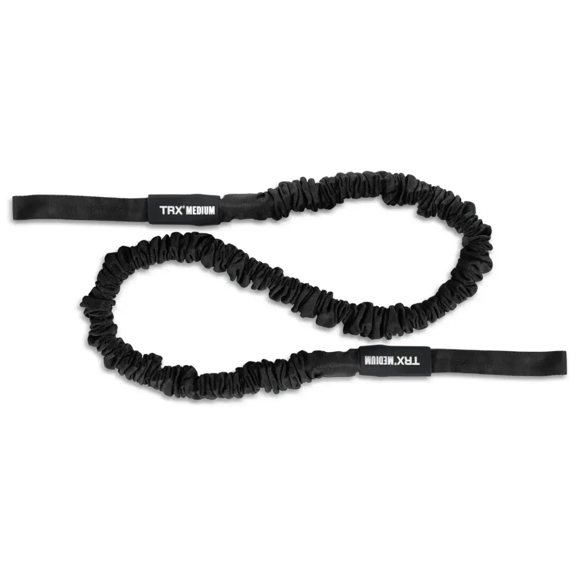 TRX Rip Cord – flat lay of resistance cord next to weight-rating label and bold TRX logo