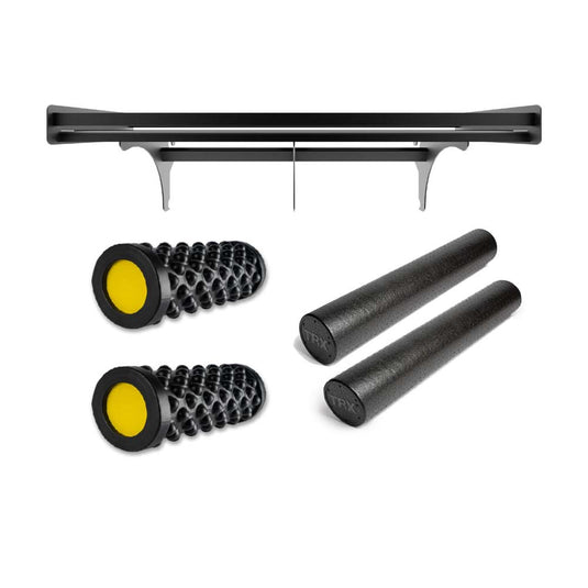 TRX Recovery Roller Shelf Bundle: wall rack, foam rollers, and massage rollers