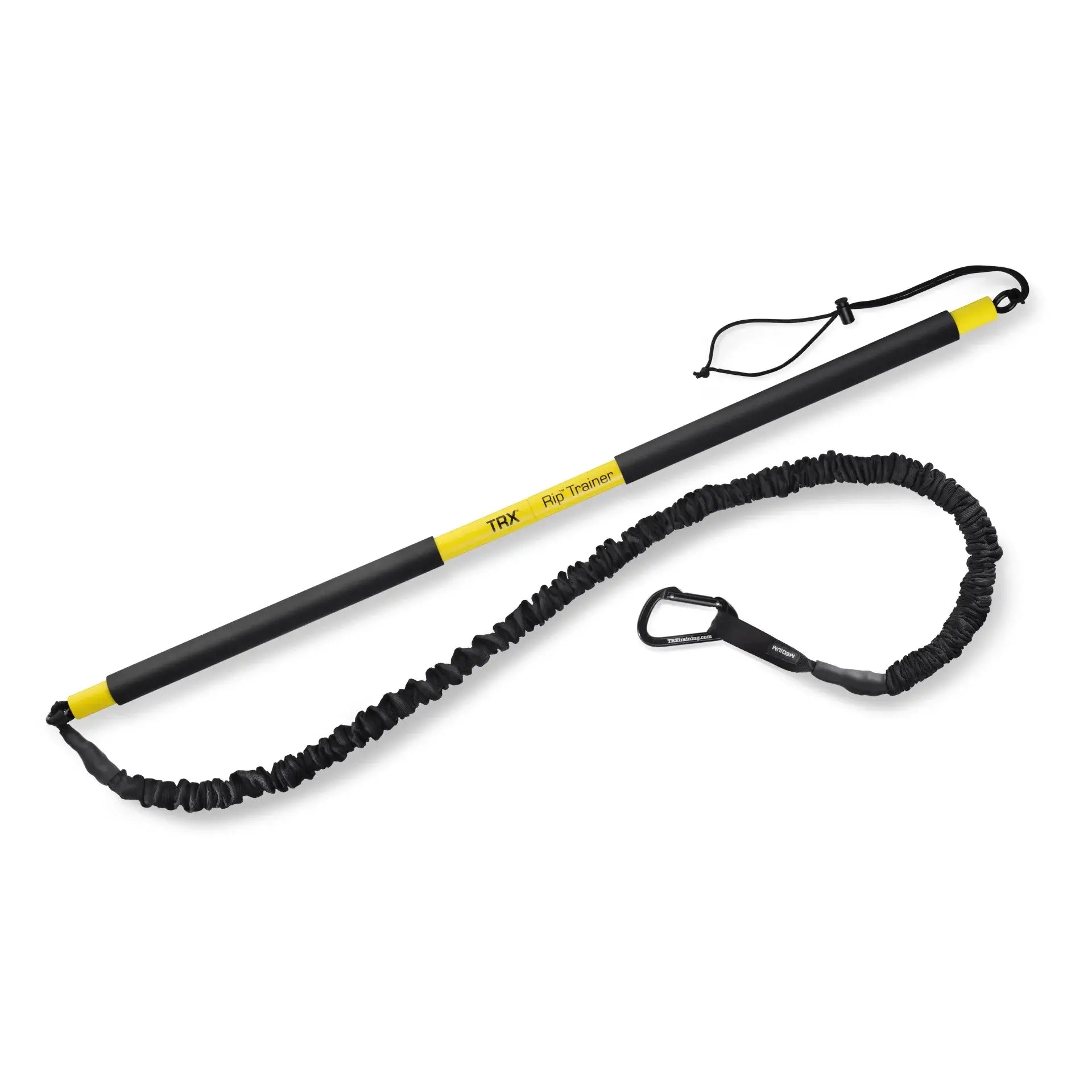 TRX Rip Trainer – complete kit with bar, resistance cord, anchor strap, and carry bag displayed on white background
