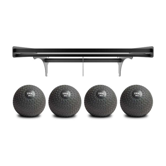TRX Slam Ball Shelf Bundle with heavy wall rack and four slam balls