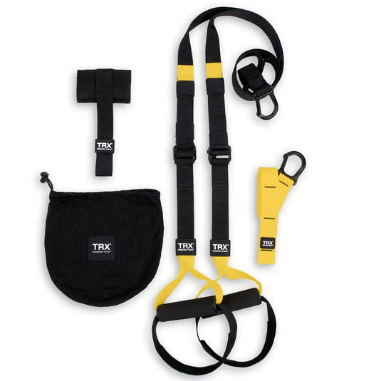 TRX Strong Suspension Trainer – full training kit with black and yellow straps, handles, and anchor laid out on white background