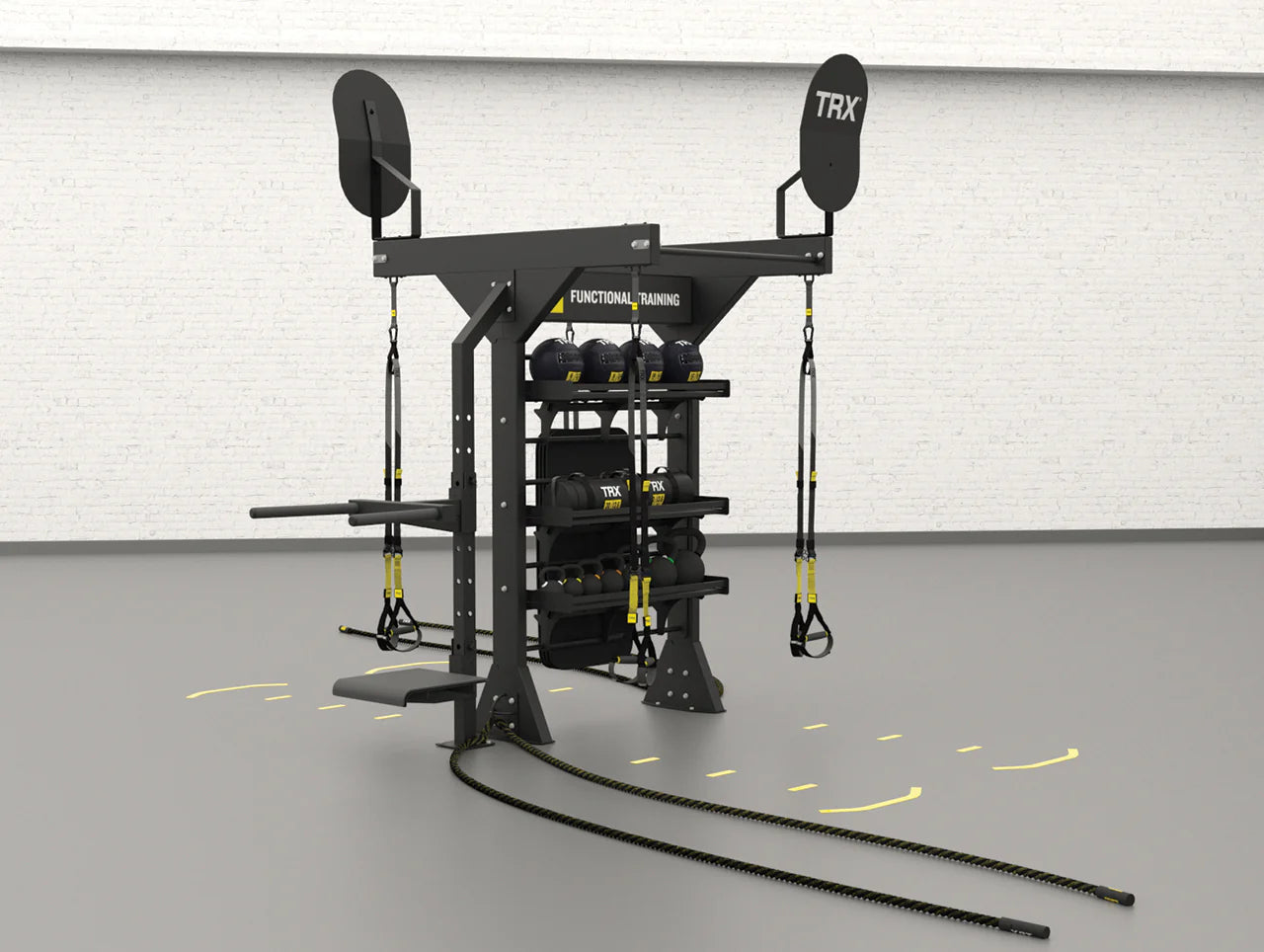 TRX Studio Line T-Unit
functional training system in a room with white walls and gray floor.