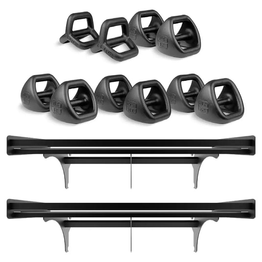 TRX YBell Pro Standard Shelf Bundle with six weight cups and two rails.