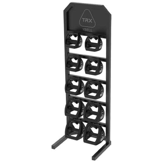 TRX YBell vertical rack with eight YBell dumbbells.